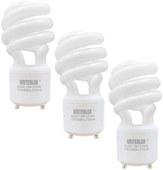 Main image of 13Watt T2 Spiral CFL GU24 2 Prong Light Bulb Base 2700K 900lm 120v 60Hz Light Bulb- Mini Twist Lock Spiral -Self Ballasted Compact Fluorescent Soft White Pack of 3