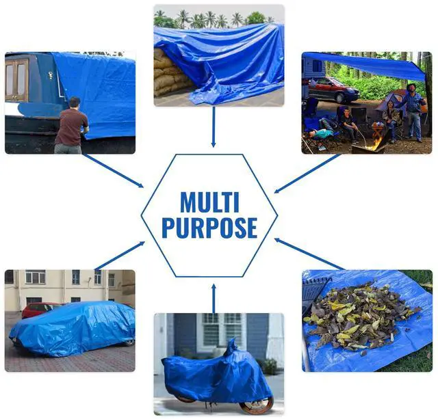 Alt view image 6 of 7 - Blue Tarp Pack of 4 Tarps Heavy Duty waterproof 8x10 Large Multipurpose Poly Outdoor Tarps Cover 5 Mil Thickness Blue Tarpaulin Reinforced Rip Resistant Rubber Edges With Aluminum Grommets
