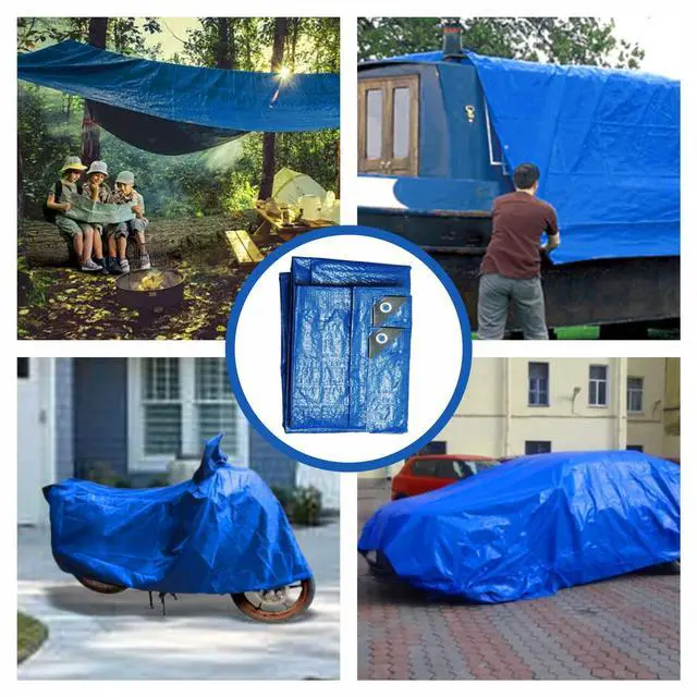 Alt view image 7 of 7 - Blue Tarp Pack of 4 Tarps Heavy Duty waterproof 8x10 Large Multipurpose Poly Outdoor Tarps Cover 5 Mil Thickness Blue Tarpaulin Reinforced Rip Resistant Rubber Edges With Aluminum Grommets