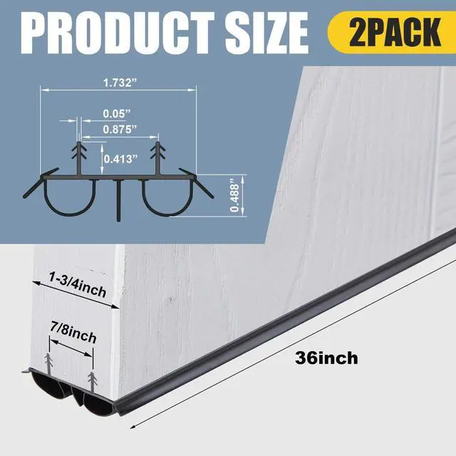 Alt view image 2 of 6 - 2 Pcs 36" Double Bubble Kerf Door Sweep 1-3/4" Wide Vinyl Weatherstrip Seal for Exterior Doors, Energy Efficient Draft Stopper, Easy Slide in Installation, Blocks Dust/insects/noise (Black)