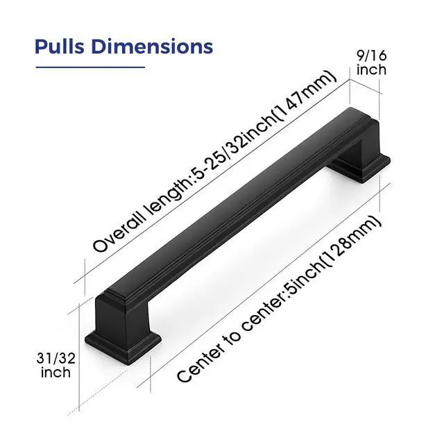 Alt view image 2 of 7 - Matte Black Cabinet Pulls, 5 Inch (128mm), 10 Pack | Zinc Alloy Handles, Square Bar Grip, Kitchen Cabinet Update, For Cupboards, Drawers, Dressers, Furniture Hardware Projects