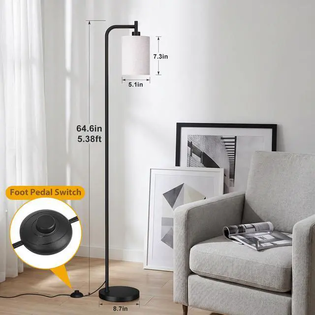 Alt view image 2 of 7 - 64" Floor Lamp with Remote Control, Dimmable Tall Standing Lamps for Living Room Bedroom Office Corner, 9W LED Bulb Included, Foot Pedal Switch, Beige Shade Black Pole