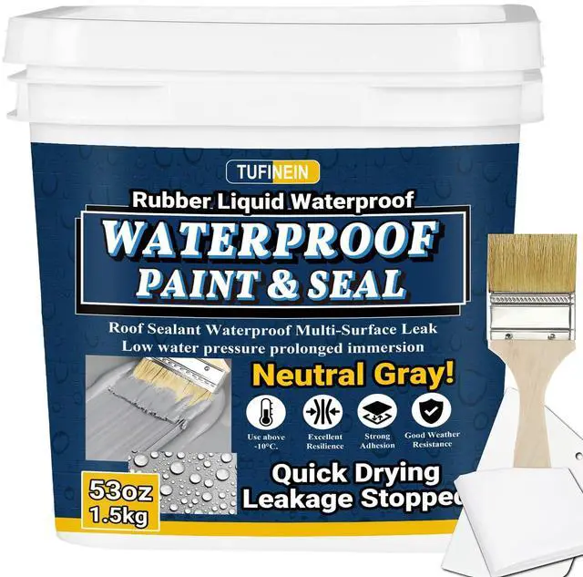 Main image of Rubber Liquid Waterproof Sealant, 53oz/1.5kg Neutral Gray Quick Drying Multi Surface Foundation Leak Repair - Roof Gutters Basement Sealer Waterproof - Indoor & Outdoor Flexible Rubber Paint