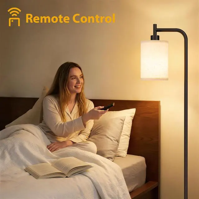 Alt view image 3 of 7 - 64" Floor Lamp with Remote Control, Dimmable Tall Standing Lamps for Living Room Bedroom Office Corner, 9W LED Bulb Included, Foot Pedal Switch, Beige Shade Black Pole