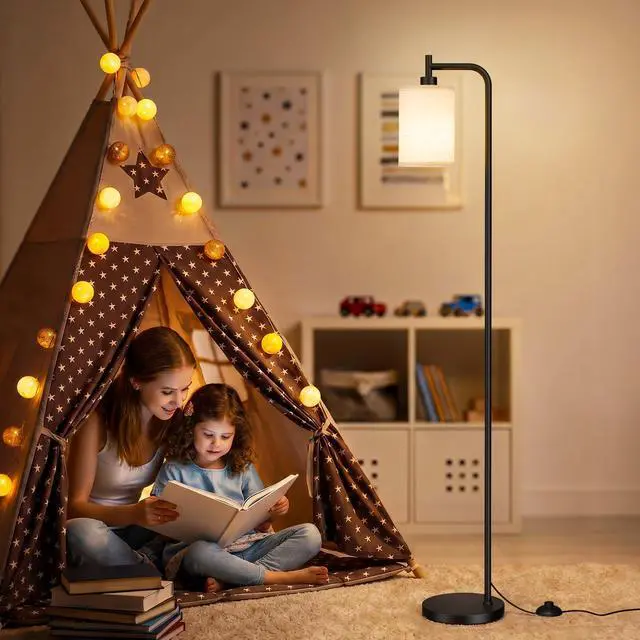 Alt view image 5 of 7 - 64" Floor Lamp with Remote Control, Dimmable Tall Standing Lamps for Living Room Bedroom Office Corner, 9W LED Bulb Included, Foot Pedal Switch, Beige Shade Black Pole