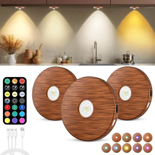 Main image of Puck lights with remote, 2000mAh rechargeable cabinet light, Under Cabinet Lighting Wireless, Display Cabinet, Dimmable Magnetic Stick-On Shelf, push lights battery operated(Wood Color, 3 Pcs)