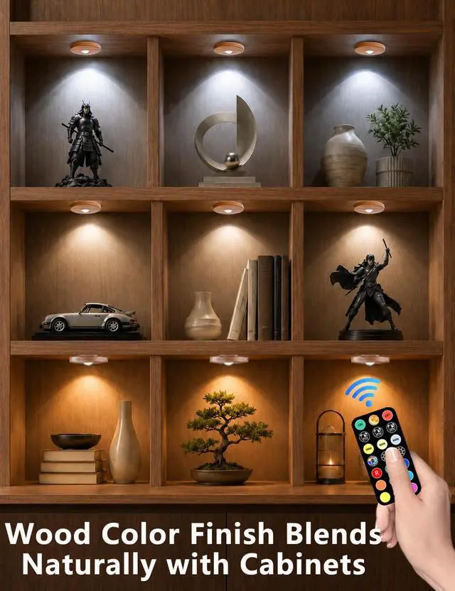 Alt view image 2 of 7 - Puck lights with remote, 2000mAh rechargeable cabinet light, Under Cabinet Lighting Wireless, Display Cabinet, Dimmable Magnetic Stick-On Shelf, push lights battery operated(Wood Color, 3 Pcs)