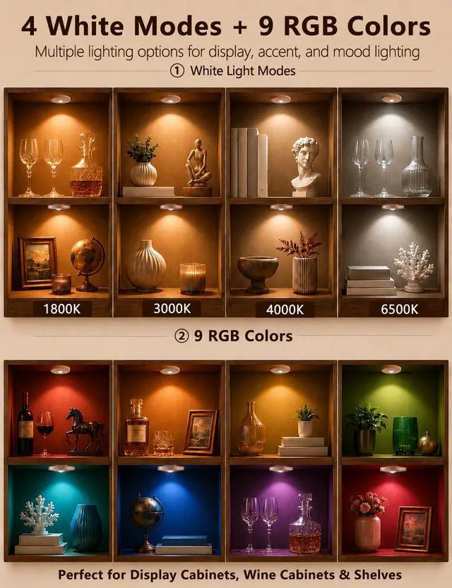 Alt view image 4 of 7 - Puck lights with remote, 2000mAh rechargeable cabinet light, Under Cabinet Lighting Wireless, Display Cabinet, Dimmable Magnetic Stick-On Shelf, push lights battery operated(Wood Color, 3 Pcs)