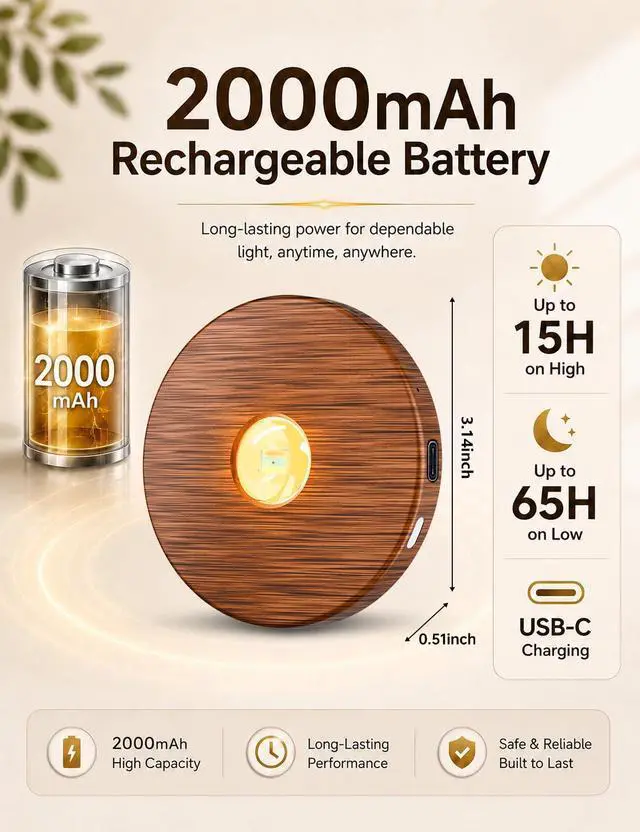 Alt view image 3 of 7 - Puck lights with remote, 2000mAh rechargeable cabinet light, Under Cabinet Lighting Wireless, Display Cabinet, Dimmable Magnetic Stick-On Shelf, push lights battery operated(Wood Color, 3 Pcs)