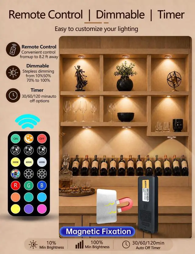 Alt view image 5 of 7 - Puck lights with remote, 2000mAh rechargeable cabinet light, Under Cabinet Lighting Wireless, Display Cabinet, Dimmable Magnetic Stick-On Shelf, push lights battery operated(Wood Color, 3 Pcs)