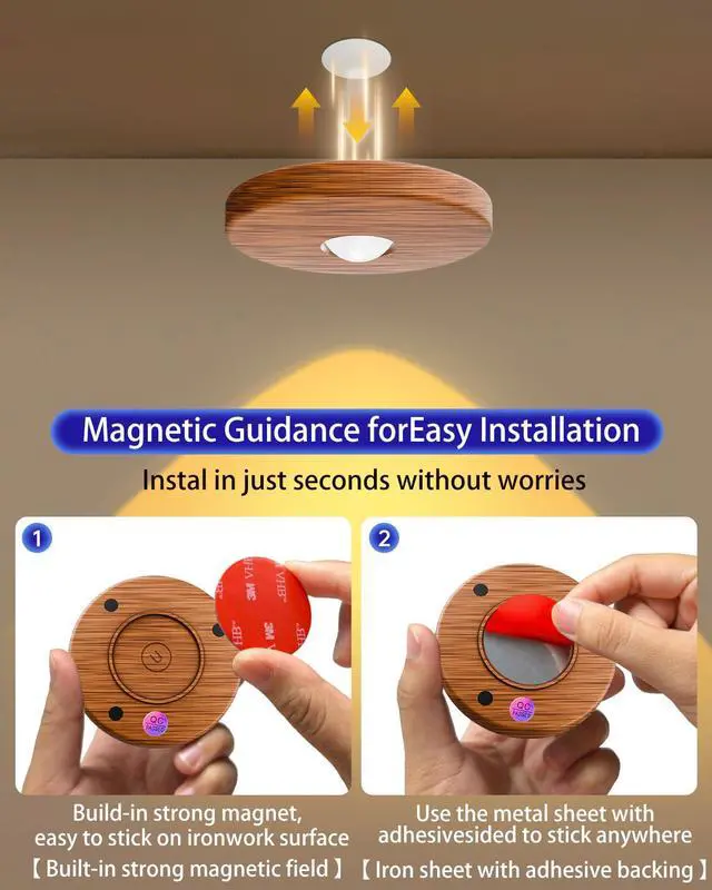 Alt view image 6 of 7 - Puck lights with remote, 2000mAh rechargeable cabinet light, Under Cabinet Lighting Wireless, Display Cabinet, Dimmable Magnetic Stick-On Shelf, push lights battery operated(Wood Color, 3 Pcs)