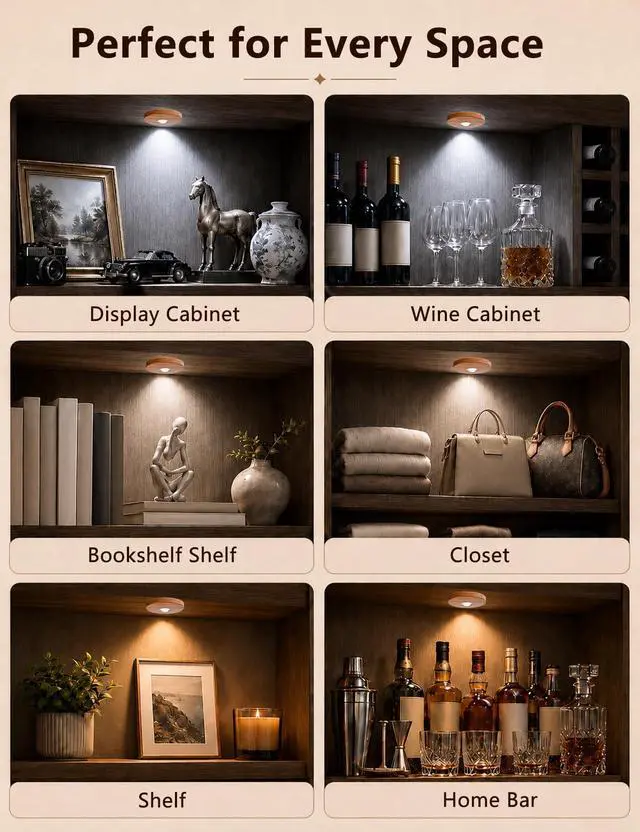 Alt view image 7 of 7 - Puck lights with remote, 2000mAh rechargeable cabinet light, Under Cabinet Lighting Wireless, Display Cabinet, Dimmable Magnetic Stick-On Shelf, push lights battery operated(Wood Color, 3 Pcs)
