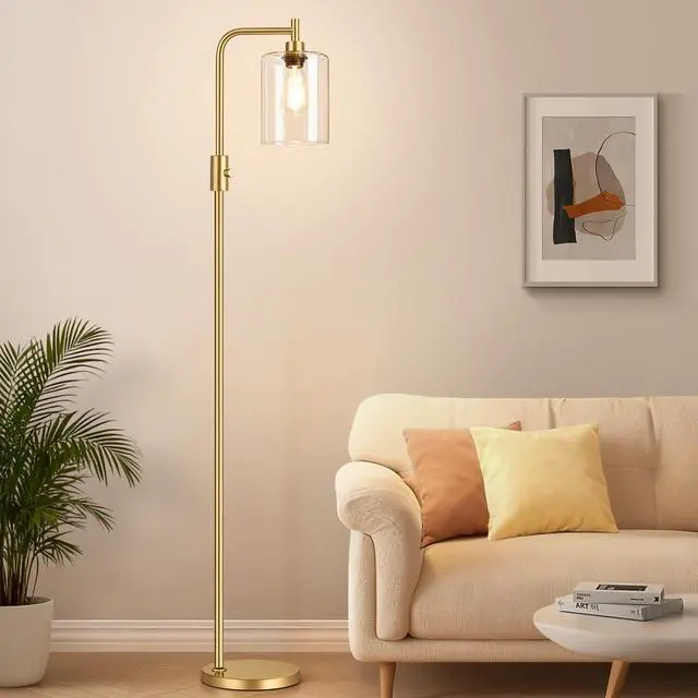 Main image of Upgraded Dimmable Floor Lamp for Living Room with Clear Glass Lampshade, Gold Modern Glass Floor Lamp with 900LM LED Bulb Included, Arc Standing Tall Lamp for Bedroom, Office, Reading Room, Corner