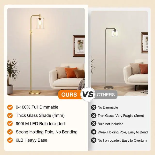 Alt view image 2 of 7 - Upgraded Dimmable Floor Lamp for Living Room with Clear Glass Lampshade, Gold Modern Glass Floor Lamp with 900LM LED Bulb Included, Arc Standing Tall Lamp for Bedroom, Office, Reading Room, Corner