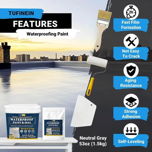 Alt view image 4 of 7 - Rubber Liquid Waterproof Sealant, 53oz/1.5kg Neutral Gray Quick Drying Multi Surface Foundation Leak Repair - Roof Gutters Basement Sealer Waterproof - Indoor & Outdoor Flexible Rubber Paint