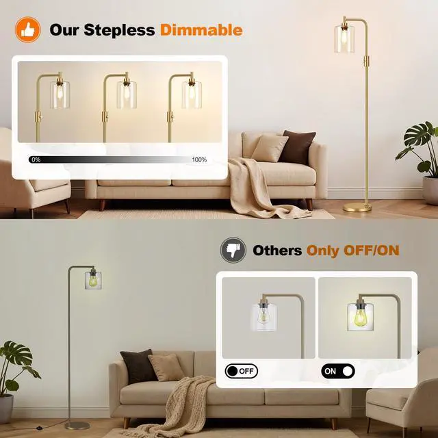 Alt view image 3 of 7 - Upgraded Dimmable Floor Lamp for Living Room with Clear Glass Lampshade, Gold Modern Glass Floor Lamp with 900LM LED Bulb Included, Arc Standing Tall Lamp for Bedroom, Office, Reading Room, Corner