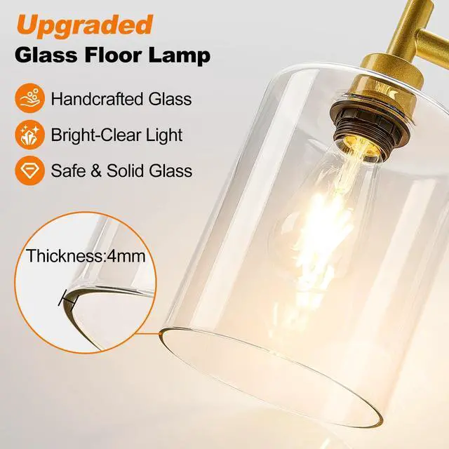 Alt view image 6 of 7 - Upgraded Dimmable Floor Lamp for Living Room with Clear Glass Lampshade, Gold Modern Glass Floor Lamp with 900LM LED Bulb Included, Arc Standing Tall Lamp for Bedroom, Office, Reading Room, Corner