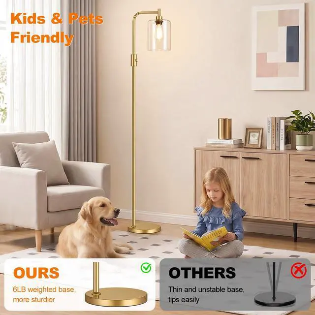 Alt view image 5 of 7 - Upgraded Dimmable Floor Lamp for Living Room with Clear Glass Lampshade, Gold Modern Glass Floor Lamp with 900LM LED Bulb Included, Arc Standing Tall Lamp for Bedroom, Office, Reading Room, Corner