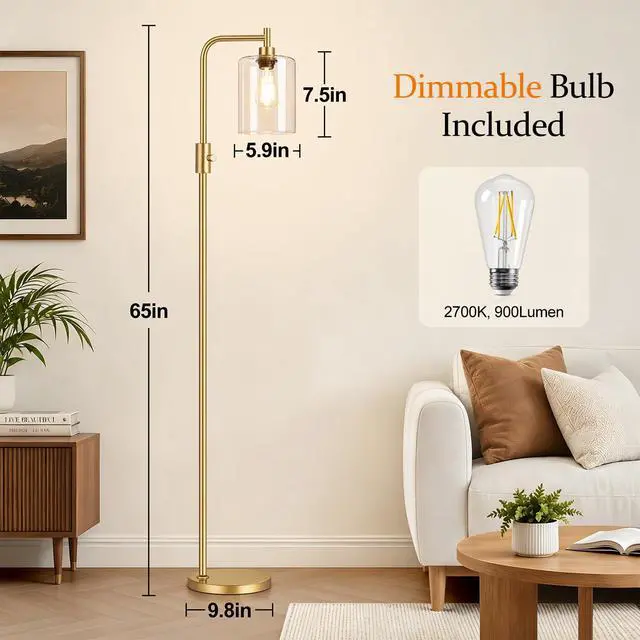 Alt view image 7 of 7 - Upgraded Dimmable Floor Lamp for Living Room with Clear Glass Lampshade, Gold Modern Glass Floor Lamp with 900LM LED Bulb Included, Arc Standing Tall Lamp for Bedroom, Office, Reading Room, Corner