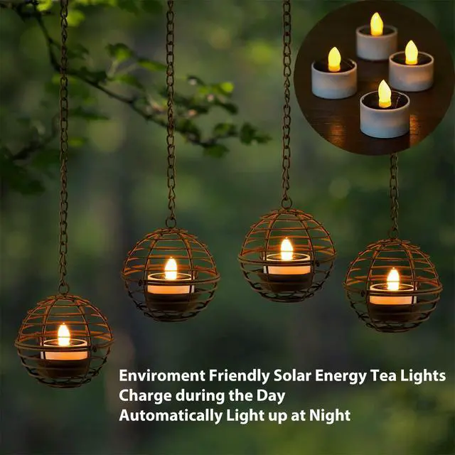 Alt view image 4 of 7 - Solar Hanging Lanterns Outdoor Waterproof, Rust Iron Ball Candle Holder with Flickering Solar Powered Tea Lights, Perfect Chargeable Solar Lights for Backyard Patio Garden Fence Tree Decoration-4Pack