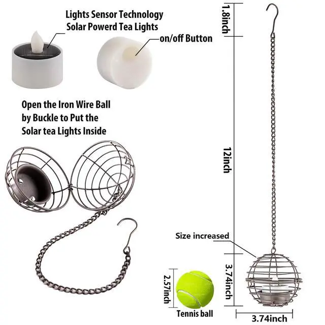 Alt view image 3 of 7 - Solar Hanging Lanterns Outdoor Waterproof, Rust Iron Ball Candle Holder with Flickering Solar Powered Tea Lights, Perfect Chargeable Solar Lights for Backyard Patio Garden Fence Tree Decoration-4Pack