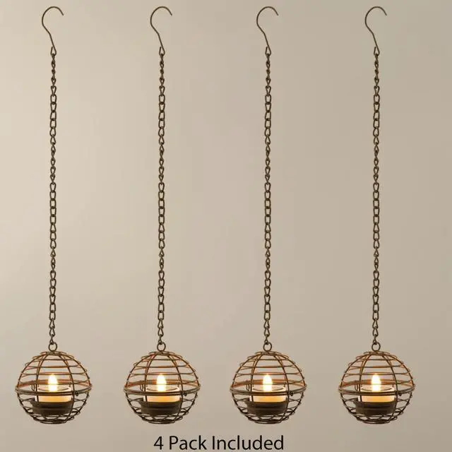 Alt view image 7 of 7 - Solar Hanging Lanterns Outdoor Waterproof, Rust Iron Ball Candle Holder with Flickering Solar Powered Tea Lights, Perfect Chargeable Solar Lights for Backyard Patio Garden Fence Tree Decoration-4Pack