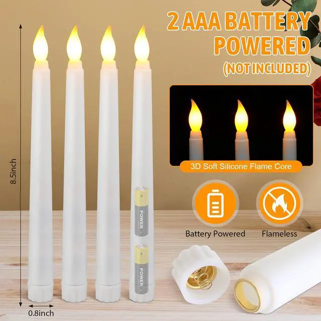 Alt view image 2 of 7 - 50 Pcs 8.5 Inch White LED Flameless Taper Candles Bulk | Battery Operated Taper Candles, Artificial Flickering Candlesticks, for Wedding Church Halloween Holiday Table Decoration
