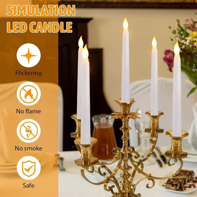 Alt view image 6 of 7 - 50 Pcs 8.5 Inch White LED Flameless Taper Candles Bulk | Battery Operated Taper Candles, Artificial Flickering Candlesticks, for Wedding Church Halloween Holiday Table Decoration