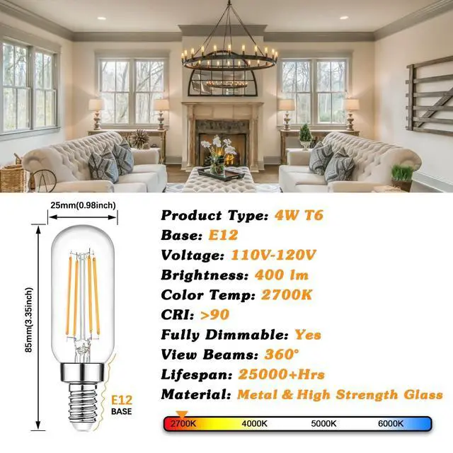 Alt view image 3 of 7 - E12 Edison LED Light Bulbs 40 Watt Equivalent Candelabra, Dimmable 2700K Warm White T6 Clear LED Bulbs 4W 400lm Vintage T25 for Chandelier Ceiling Fan, Tubular Small Filament Bulbs, 6 Packs