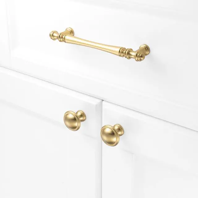 Alt view image 3 of 7 - 10 Pack 5 in Brushed Gold Cabinet Pulls, Gold Drawer Handles P30 | Solid Metal, Sturdy, Comfortable, French Style Hardware, Kitchen Cabinet Pull, for Dresser Cupboard Bedroom Bathroom Vanity