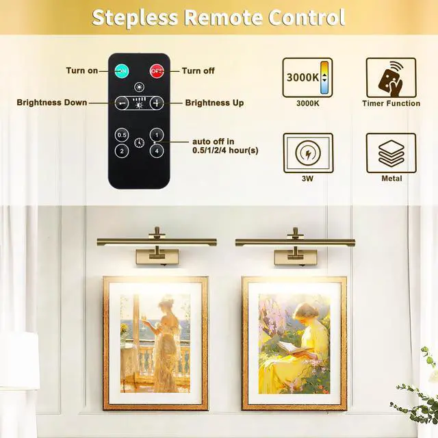 Alt view image 3 of 7 - Battery Operated Picture Light with Remote and Timer, Wireless Art Lights for Paintings Brass Rechargeable Gallery Light Dimmable Artwork Lighting for Canvas, Portrait 16'' Inch Warm White