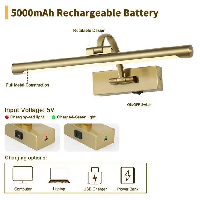 Alt view image 4 of 7 - Battery Operated Picture Light with Remote and Timer, Wireless Art Lights for Paintings Brass Rechargeable Gallery Light Dimmable Artwork Lighting for Canvas, Portrait 16'' Inch Warm White
