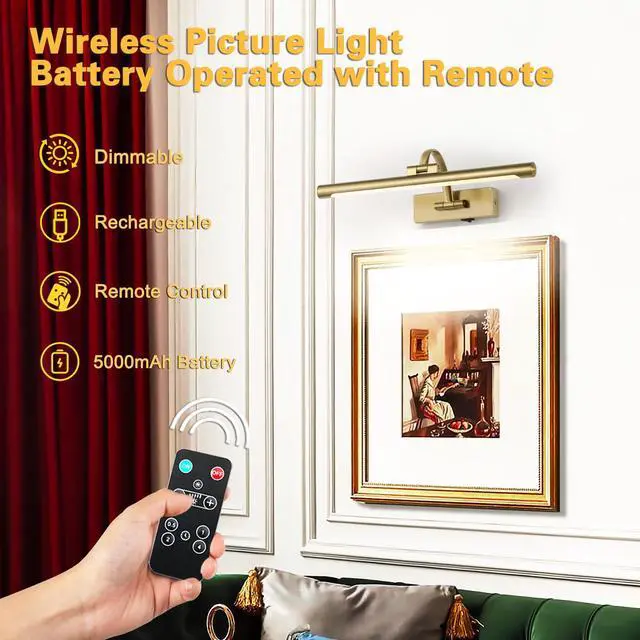 Alt view image 6 of 7 - Battery Operated Picture Light with Remote and Timer, Wireless Art Lights for Paintings Brass Rechargeable Gallery Light Dimmable Artwork Lighting for Canvas, Portrait 16'' Inch Warm White