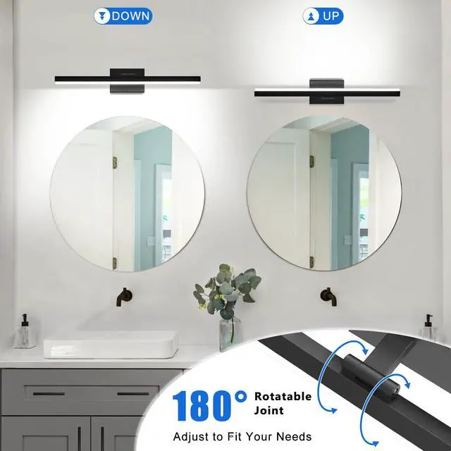 Alt view image 4 of 7 - Modern Bathroom Vanity Light 24 inch, Rotatable, 16W Dimmable Led Bathroom Light Fixture Over Mirror, Black Vanity Light Bar (Cool White 6000K)