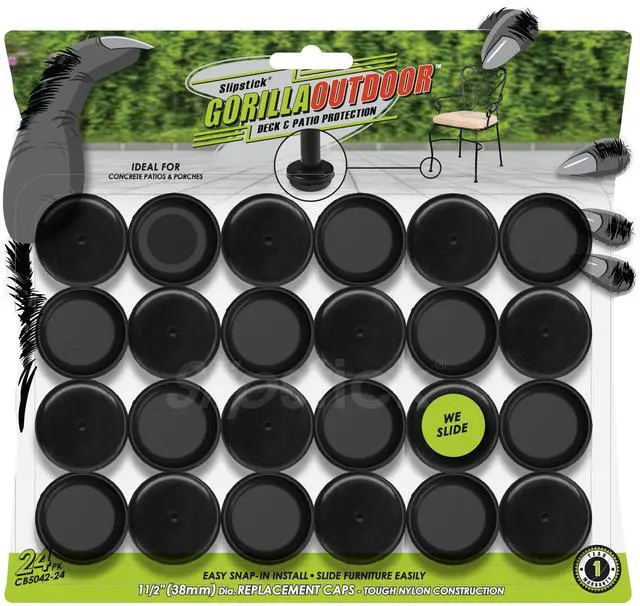 Main image of Gorilla Outdoor 1-1/2 Inch Patio Chair Leg Caps for Wrought Iron Furniture (24 Pack) Floor Protecting Replacement Feet Glides for Metal Tables and Chairs, Nylon Sliders
