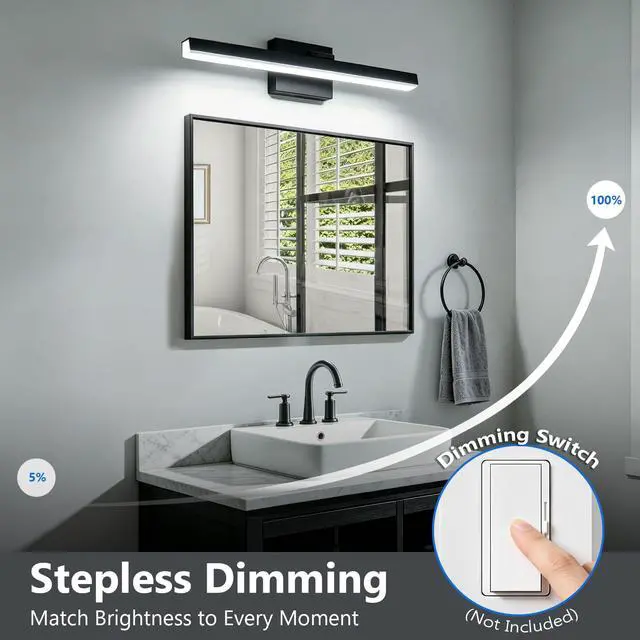 Alt view image 5 of 7 - Modern Bathroom Vanity Light 24 inch, Rotatable, 16W Dimmable Led Bathroom Light Fixture Over Mirror, Black Vanity Light Bar (Cool White 6000K)