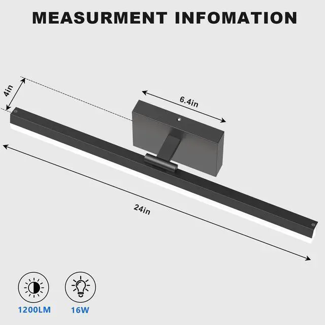 Alt view image 6 of 7 - Modern Bathroom Vanity Light 24 inch, Rotatable, 16W Dimmable Led Bathroom Light Fixture Over Mirror, Black Vanity Light Bar (Cool White 6000K)