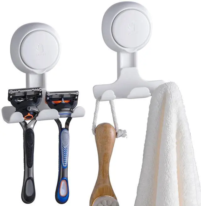 Main image of No Drill Powerful Suction Cup Razor Holder for Shower 2 Pack, White | Waterproof, Towel, Loofah, Shaver Holder for Shower Wall, Powerful Suction Cup Hooks for Bathroom, Easy to Install and Reuse
