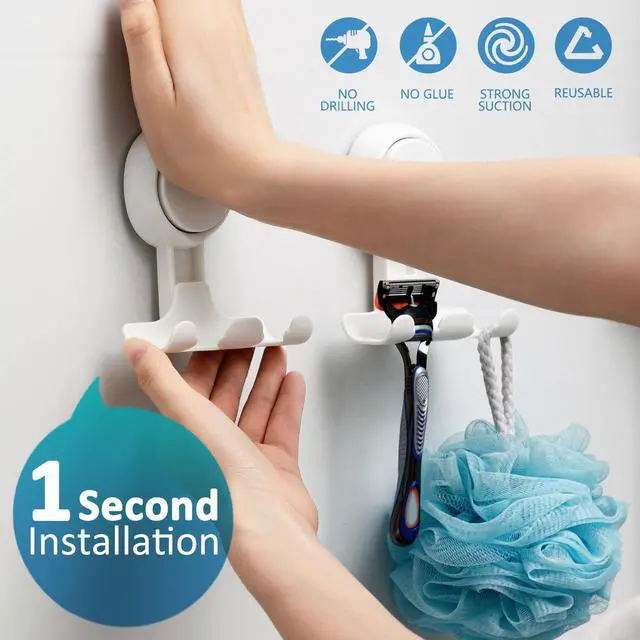 Alt view image 2 of 7 - No Drill Powerful Suction Cup Razor Holder for Shower 2 Pack, White | Waterproof, Towel, Loofah, Shaver Holder for Shower Wall, Powerful Suction Cup Hooks for Bathroom, Easy to Install and Reuse