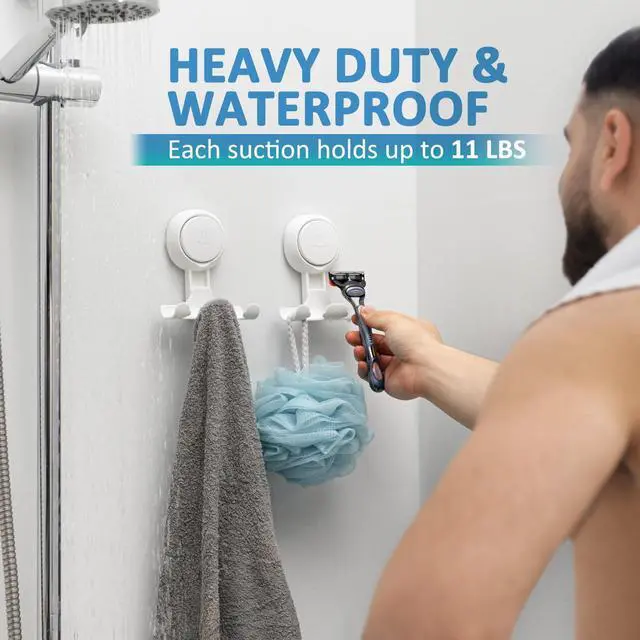 Alt view image 3 of 7 - No Drill Powerful Suction Cup Razor Holder for Shower 2 Pack, White | Waterproof, Towel, Loofah, Shaver Holder for Shower Wall, Powerful Suction Cup Hooks for Bathroom, Easy to Install and Reuse