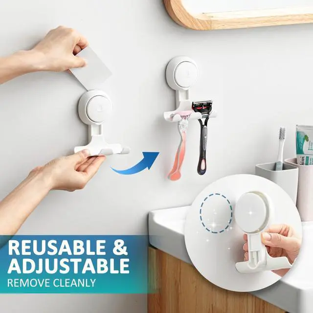 Alt view image 6 of 7 - No Drill Powerful Suction Cup Razor Holder for Shower 2 Pack, White | Waterproof, Towel, Loofah, Shaver Holder for Shower Wall, Powerful Suction Cup Hooks for Bathroom, Easy to Install and Reuse