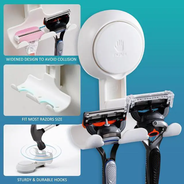 Alt view image 5 of 7 - No Drill Powerful Suction Cup Razor Holder for Shower 2 Pack, White | Waterproof, Towel, Loofah, Shaver Holder for Shower Wall, Powerful Suction Cup Hooks for Bathroom, Easy to Install and Reuse