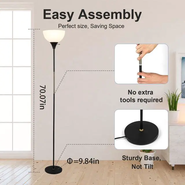 Alt view image 4 of 7 - Floor Lamp, Dimmable Standing Lamp, 3 Levels Brightness Led Floor Lamp Rotary Switch Floor Lamps Modern Industrial Lamp with Shade, Tall Lamps for Living Room Bedroom Office Dining Room (Black)