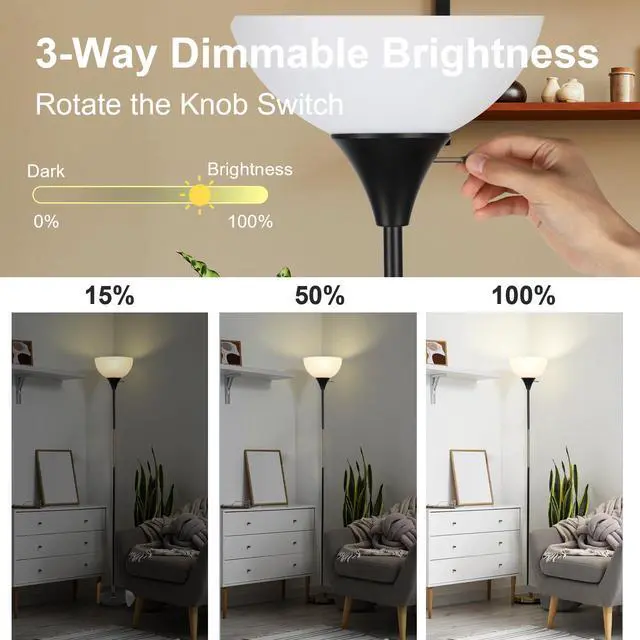 Alt view image 2 of 7 - Floor Lamp, Dimmable Standing Lamp, 3 Levels Brightness Led Floor Lamp Rotary Switch Floor Lamps Modern Industrial Lamp with Shade, Tall Lamps for Living Room Bedroom Office Dining Room (Black)