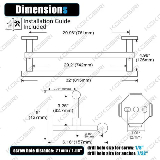 Alt view image 2 of 7 - Bath Towel Bars 32-Inch Double Towel Rails Overlength Bathroom Racks for Cabinet Kitchen Brushed Gold Stainless Steel B5009BG-L32