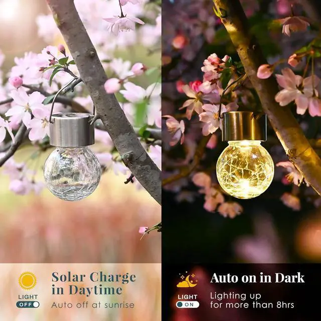 Alt view image 4 of 7 - Hanging Solar Lights for Outside Garden Solar Hanging Lanterns 8 Pc | Warm White, Solar Powered, Waterproof, Decorative Lanterns, Cracked Glass, Christmas Decoration, Tree&Garden Decor Gift