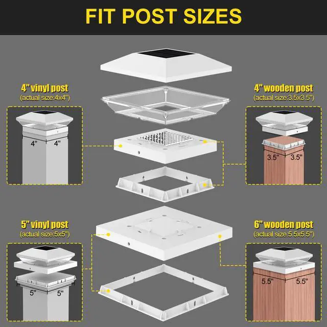 Alt view image 2 of 6 - Solar Post Cap Lights 6 Pack, 2 Modes Fence Post Solar Lights White | Fit for 4x4/6x6 Wooden Post & 4x4/5x5 Vinyl Post, Waterproof Solar Deck Post Lights for Garden Patio Gate Porch, 3000K 6000K