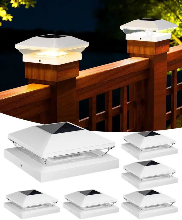 Main image of Solar Post Cap Lights 6 Pack, 2 Modes Fence Post Solar Lights White | Fit for 4x4/6x6 Wooden Post & 4x4/5x5 Vinyl Post, Waterproof Solar Deck Post Lights for Garden Patio Gate Porch, 3000K 6000K