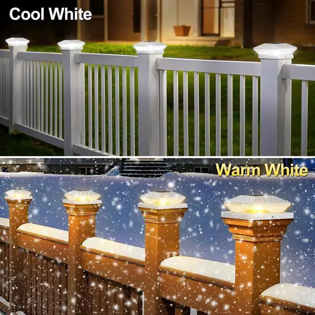 Alt view image 5 of 6 - Solar Post Cap Lights 6 Pack, 2 Modes Fence Post Solar Lights White | Fit for 4x4/6x6 Wooden Post & 4x4/5x5 Vinyl Post, Waterproof Solar Deck Post Lights for Garden Patio Gate Porch, 3000K 6000K