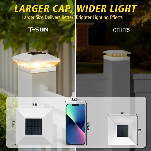 Alt view image 3 of 6 - Solar Post Cap Lights 6 Pack, 2 Modes Fence Post Solar Lights White | Fit for 4x4/6x6 Wooden Post & 4x4/5x5 Vinyl Post, Waterproof Solar Deck Post Lights for Garden Patio Gate Porch, 3000K 6000K